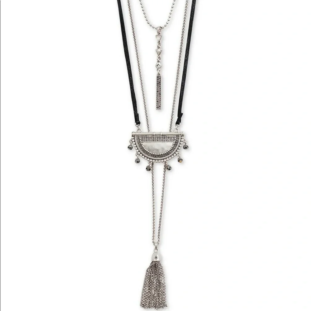 LUCKY BRAND LAYERED TASSLE NECKLACE - SIVER TONED - LEATHER